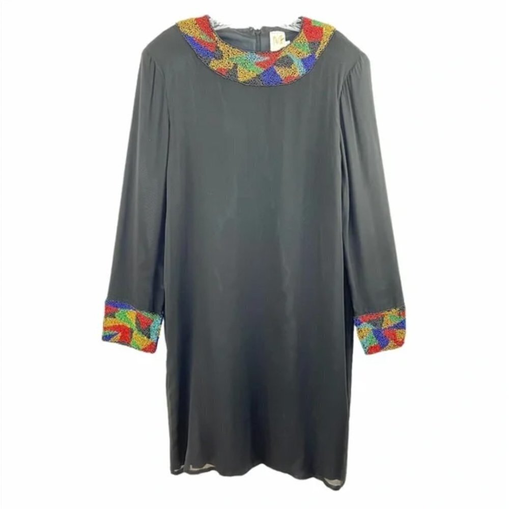 Vintage Maison Magique Beaded Long Sleeve Black Shift Dress Sz XL